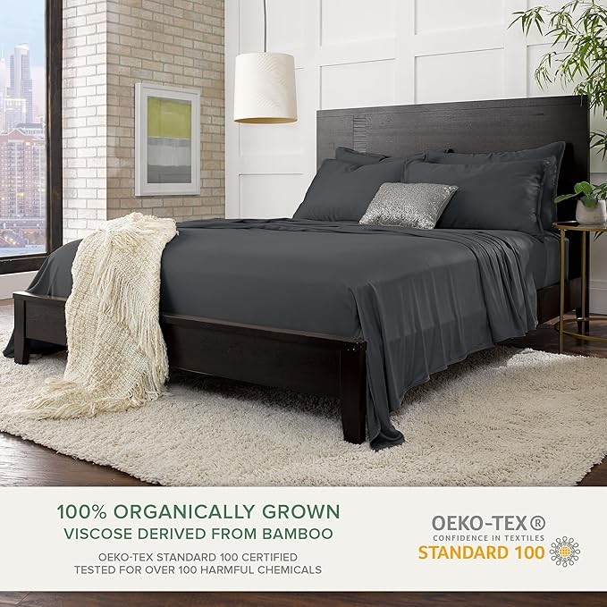 King Sheets by Pure Bamboo, Genuine 100% Organic Viscose Derived from Bamboo Bed Sheet Set, Luxuriously Soft & Cooling, Double Stitching, Lifetime Quality Promise (King, Charcoal)