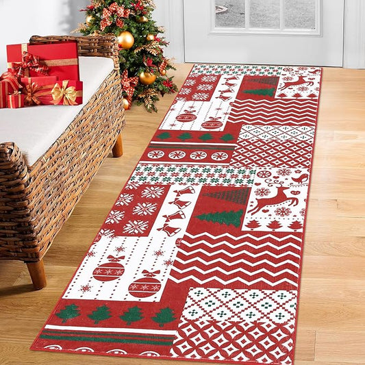 RUGSREAL Christmas Runner Rug Christmas Patchwork Hallway Area Rug Xmas Holiday Decorative Bedroom Throw Rug Runner Machine Washable Floor Carpet for Kitchen Laundry Living Bathroom, 2x6 Feet