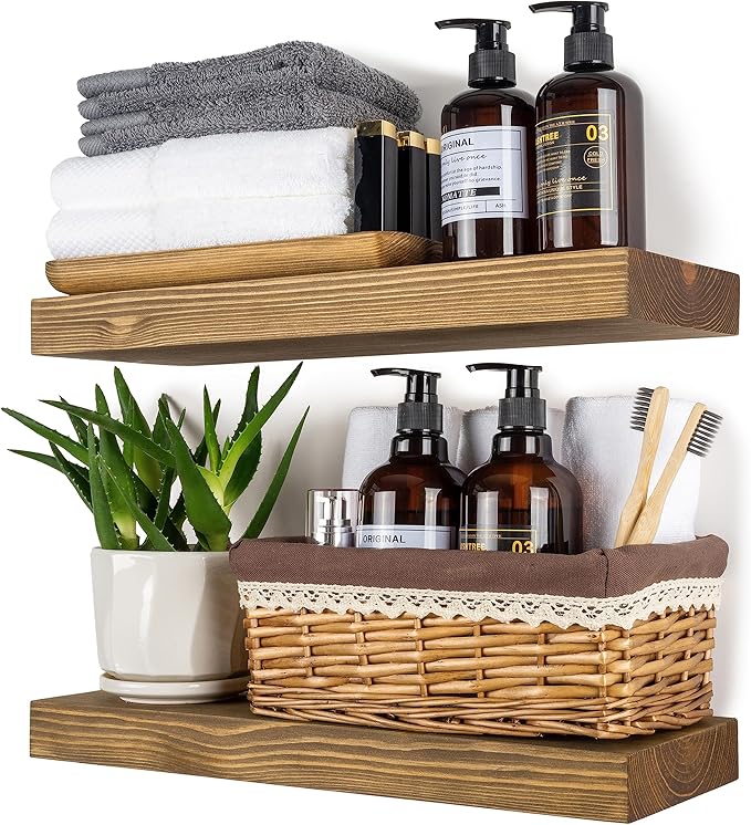 Wood Floating Shelves,16 inch Rustic Wood Wall Shelves for Bathroom Living Room Bedroom Kitchen Farmhouse Laundry Room Set of 2,Handmade-Thickened Wall Shelf,Black Walnut