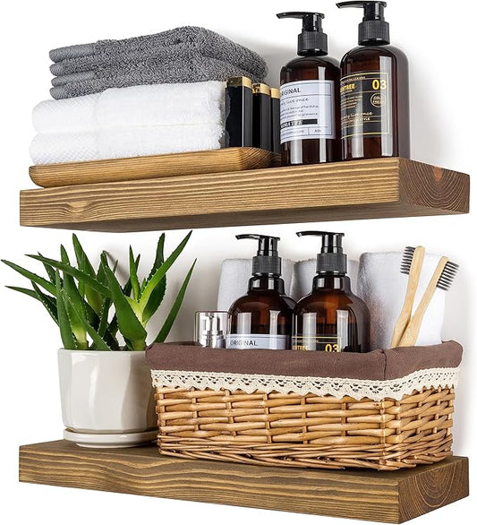 Wood Floating Shelves,16 inch Rustic Wood Wall Shelves for Bathroom Living Room Bedroom Kitchen Farmhouse Laundry Room Set of 2,Handmade-Thickened Wall Shelf,Black Walnut