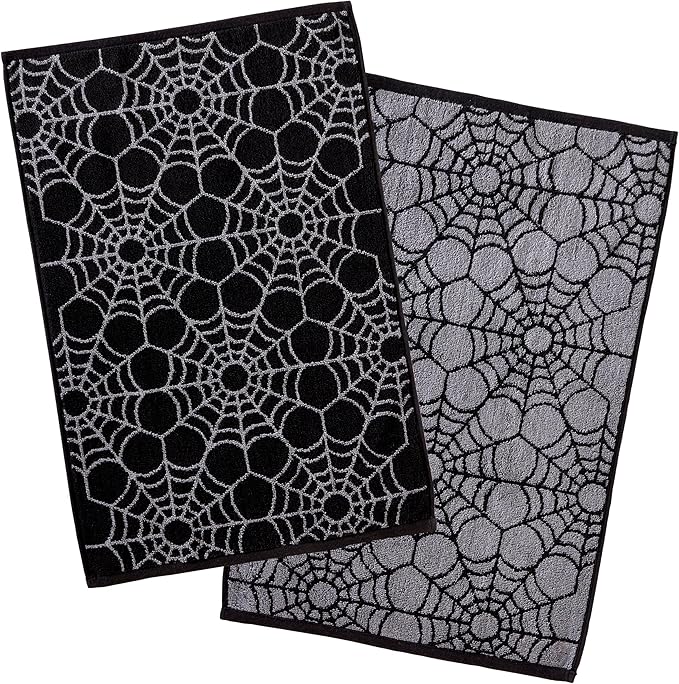 SKL Home Halloween Spider Web 100% Cotton Jacquard 2pc Hand Towel Set, Reversible, Soft & Absorbent, Decorative for Bath/Kitchen/Bar & Gift, Black