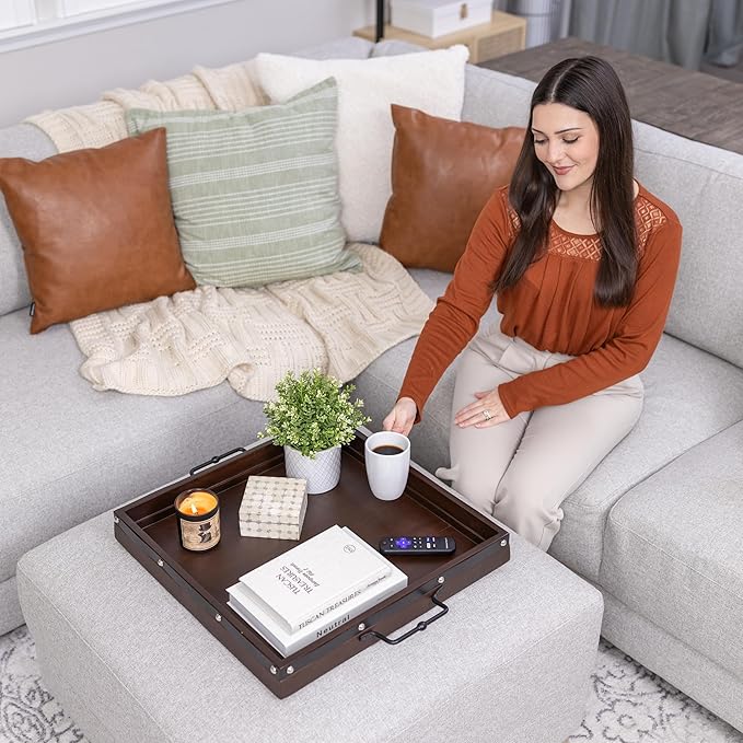 20"x20" Extra Large Square Ottoman Tray, Heavy Duty Mango Wood, for Serving Tea, Breakfast in Bed, Living Room Large Coffee Table Tray Rustic with Farmhouse Style, Decorative Handles and Accent Strap