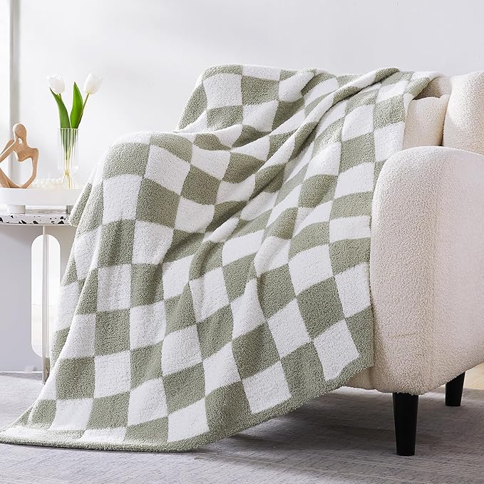 WRENSONGE Checkered Throw Blanket, Sage Green Soft Cozy Fluffy Warm Hand Made Queen Throw Blankets for Couch, Sofa, Chair, Bed, Camping, Picnic, Travel Lightweight Bed Blanket - 90"*90"