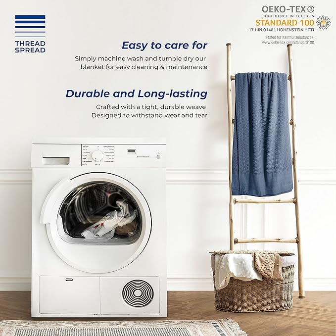 THREAD SPREAD Organic GOTS Cotton Blanket, Full/Queen - 350 GSM, Antistatic, Fuzzy Soft, Lightweight, Sofa, Camping & Travel, Perfect Herringbone All Seasons Throw, Medium Blue with Free Tote Bag