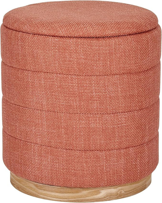 Round Ottoman with Storage – Elegant Durable Linen Upholstered Footrest Bench for Living Room, Cylinder Vanity Stool – Coral Orange