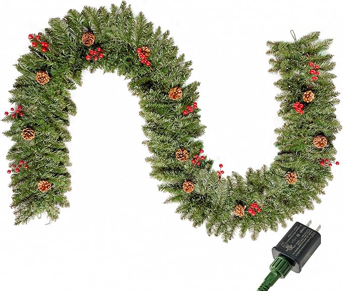 Joiedomi 9 FT Artificial Christmas Garland Prelit with 50 Count Warm White String Lights, Pine Cones and Red Berries for Christmas Holiday Xmas Season Decorations, Plug in Lighted Pine Garland