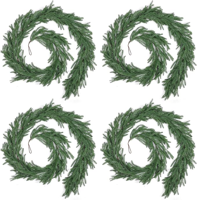4 Pcs 9 Ft Artificial Norfolk Pine Garlands, Realistic Christmas Pine Garland Faux Winter Greenery for Holiday Table Centerpiece, Mantel, Wall, Indoor, Outdoor Christmas Decor (4, 9 Ft)