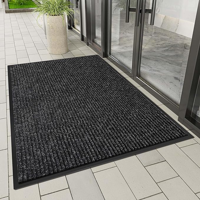 Indoor Outdoor Door Mat, 4' x 3' Doormat for Entryway, Rubber Backing Non Slip Front Door Mat Outside Entrance, Super Absorbent Commercial Floor Mat for Home Office, Black