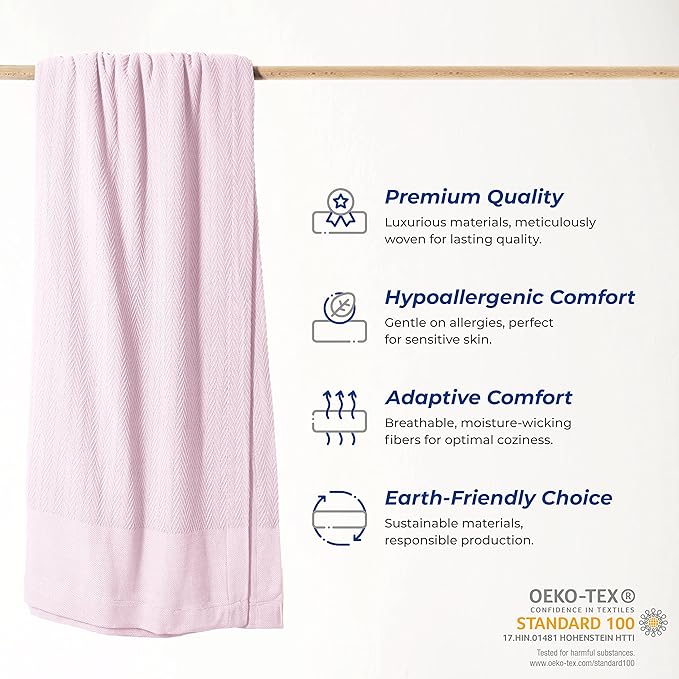 THREAD SPREAD Organic GOTS Cotton Blanket, King/Cal King - 350GSM, Oversized Antistatic, Fuzzy Soft, Couch, Bed, Camping & Travel, Luxurious Herringbone All-Season Throw, Blush + Free Chic Tote Bag