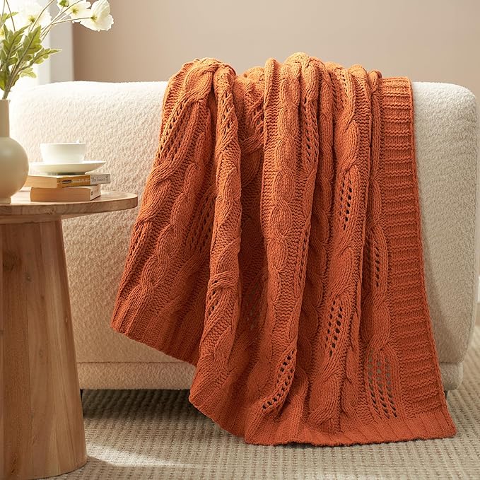 Amélie Home Chunky Knit Throw Blanket, Dual-Sided Soft Chenille Breathable Cable Knitted Blanket for Couch, Farmhouse Decorative Throw for Sofa & Chair, 50"x60", Burnt Orange