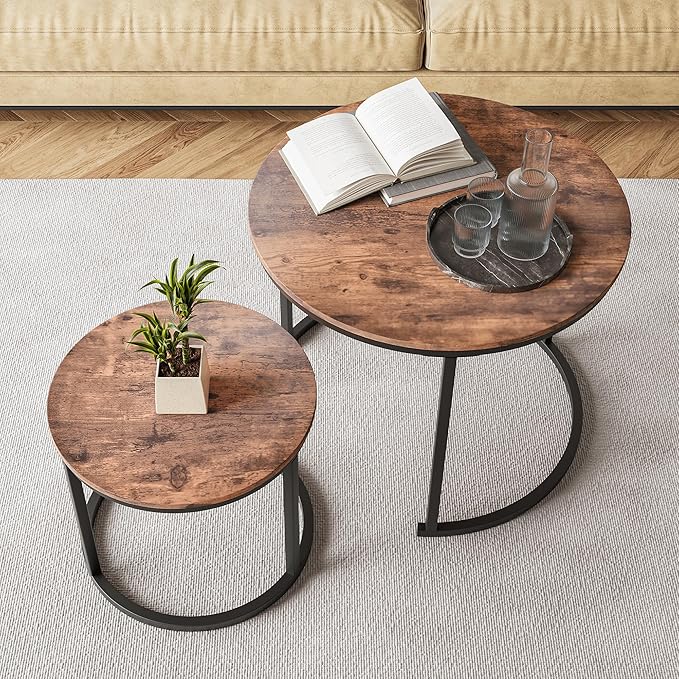 HOJINLINERO Round Coffee Table Set of 2 for Living Room,Black Small Coffee Table Living Room Table,Nesting Tables Metal Frame/Wood,Sturdy/Easy Assembly,Stacking Side Tables Bedroom,Rustic Brown