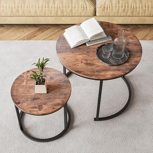 HOJINLINERO Round Coffee Table Set of 2 for Living Room,Black Small Coffee Table Living Room Table,Nesting Tables Metal Frame/Wood,Sturdy/Easy Assembly,Stacking Side Tables Bedroom,Rustic Brown