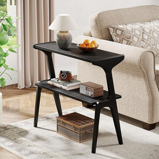Tribesigns 2-Tier Wood End Table, Modern Narrow Sofa Side Table with Storage, Slim Wooden Bedside Table with Unique Legs for Bedroom, Living Room, Small Spaces, Easy Assembly, Black