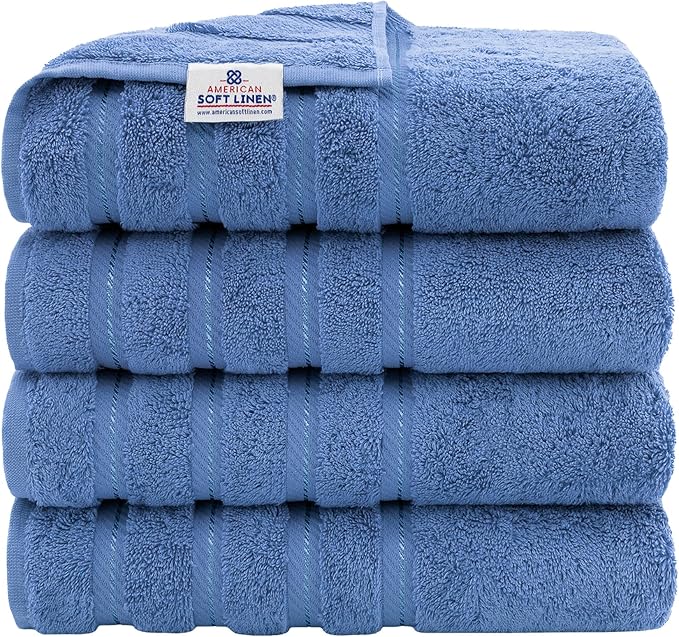 American Soft Linen Luxury 4 Piece Bath Towel Set, 600 GSM 100% Cotton Turkish Bath Towels for Bathroom, 27x54 in Extra Large Bathroom Shower Towels, Electric Blue