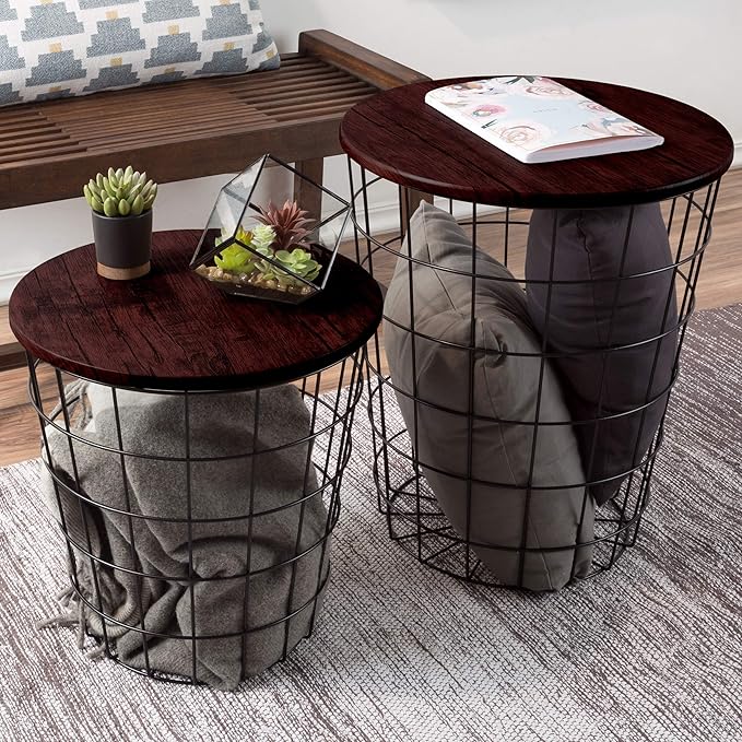 End Tables Set of 2 - Nesting Tables with Removable Wood Tops and Metal Wire Baskets for Blanket Storage - Round Side Furniture for Living Room, Bedroom, or Home Office by Lavish Home (Cherry/Black)