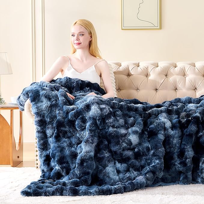 Luxury 1000GSM Faux Rabbit Fur Throw Blanket, Super Heavy Warm Cozy Blankets for Couch Bed Sofa, Bubble Plush Fuzzy Elegant Soft Reversible Mink Blanket for Living Room Bedroom, Tie-dye Blue