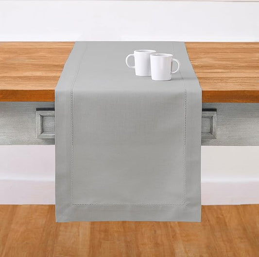 Solino Home Light Grey Table Runner 108 Inches Long - Cotton Linen Hemstitch 14 x 108 Inch Table Runner for Dining, Fall, Autumn, Thanksgiving, Holiday