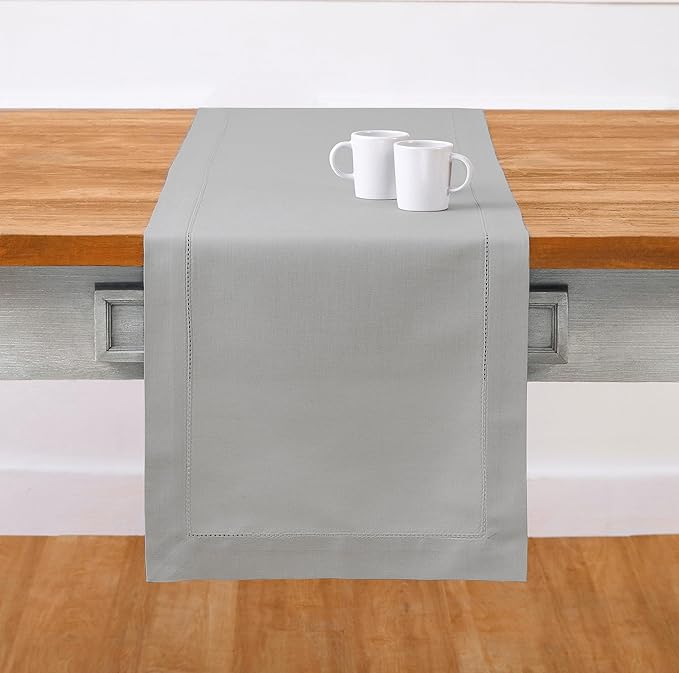 Solino Home Light Grey Table Runner 60 Inches - Cotton Linen Hemstitch Coffee Table Runner 14 x 60 Inch Ideal for Dresser Tables - Fall, Autumn, Halloween, Thanksgiving, Christmas, Holiday
