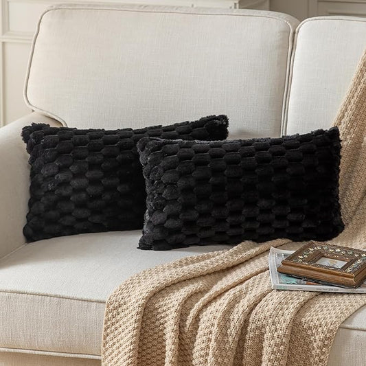 Pack of 2 Super Soft Throw Pillow Covers 12x20 Inch Faux Fur Plush Pillowcase Luxury Cozy Fluffy Decorative Cushion Cover for Sofa Couch Bed Livingroom Black