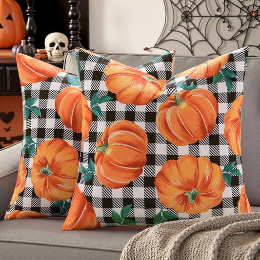 decorUhome Fall Orange Pumpkin Linen Decorative Throw Pillow Covers 18x18 Set of 2, Buffalo Plaid Check Farmhouse Gingham Cushion Covers with Stitched Edge for Autumn Harvest Couch Sofa Bed