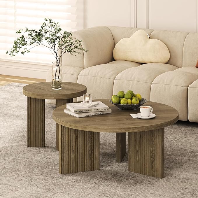 Nesting Coffee Table Set of 2, Modern Wooden Coffee Table with Smooth Thick Design, Circle Tea Table and End Table Set, Accent Center Tables for Living Room, Office, Walnut