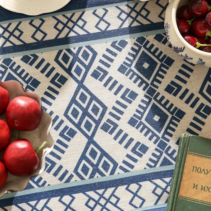 Chinoiserie Small Blue Stripe Cloth Runner for Table,Decorative Linen 63 Inches Long Table Runners,Decor Tabletop for Kitchen,Dining,Party,Home,Christmas,12"*63"