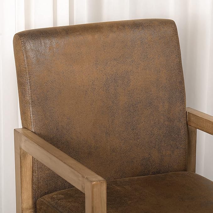 Bekrvio Dining Chairs, Upholstered Faux Leather Dining Chairs with Arms, Mid Century Modern Accent Chairs for Living Room, Arm Chairs with Wood Frame (1, Brown with Wood Arms)
