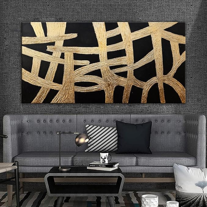 Abstract Wall Art Paintings Wall Decor Large Canvas Wall Art Decor Black And Gold Lines Texture Wall Art Decor Artwork Modern Minimalist Wall Art For Living Room Bedroom Office Wall Decor 29"X58"
