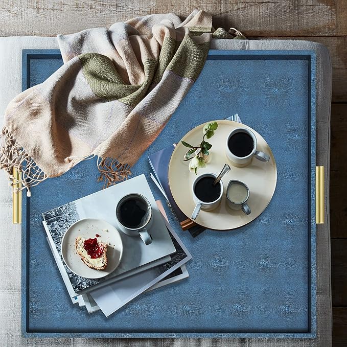 HofferRuffer Elegant Decorative Serving Tray, 20"x20" Square Faux Leather Ottoman Tray with Gold Hardware Handles, Coffee Table Serve Tea, Coffee or Breakfast (Navy Blue)