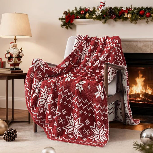 WRENSONGE Checkered Throw Blanket, Red Snowflake Pattern, Soft Cozy Fluffy Warm Hand Made Throw Blankets for Couch, Sofa, Chair, Bed, Camping, Picnic, Travel Lightweight Bed Blanket - 50"*60"