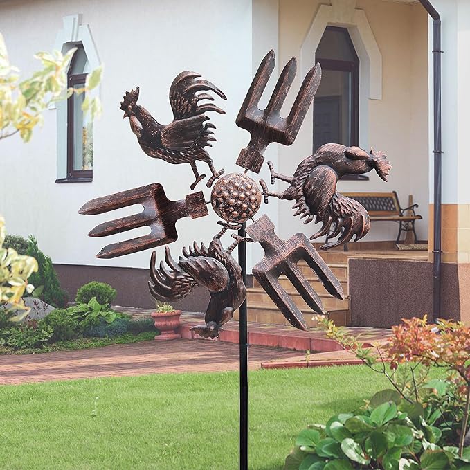 39" Rooster Wind Spinner Garden Stake-Farm Outdoor Metal Stake Yard Spinners-Wind Sculpture Yard Art Decorations for Patio,Lawn & Garden