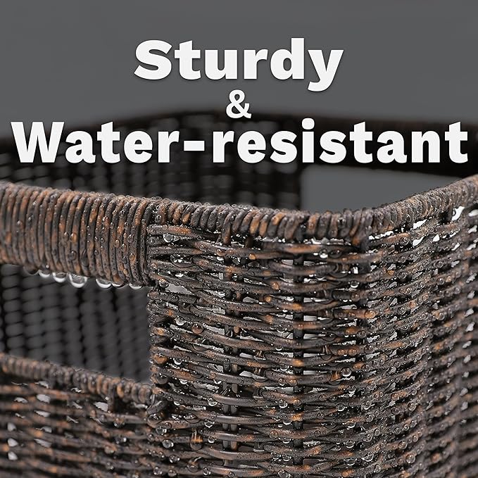 myHomeBody Wicker Storage Basket, Storage Cubes, Woven Baskets for Organizing, Resin Wicker Set of 3, Rustic Brown