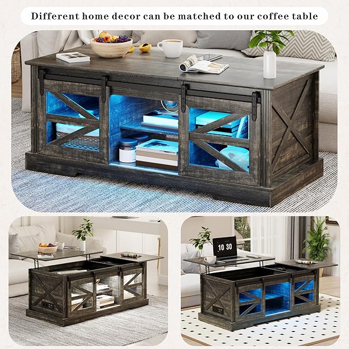 Farmhouse Coffee Table, Lift Top Coffee Table with Gun Cabinet, 2 Sliding Barn Doors-Large Storage and 3 Color LED Lights fit Modern Rectangular Rustic Living Room Center Table,Dark Oak