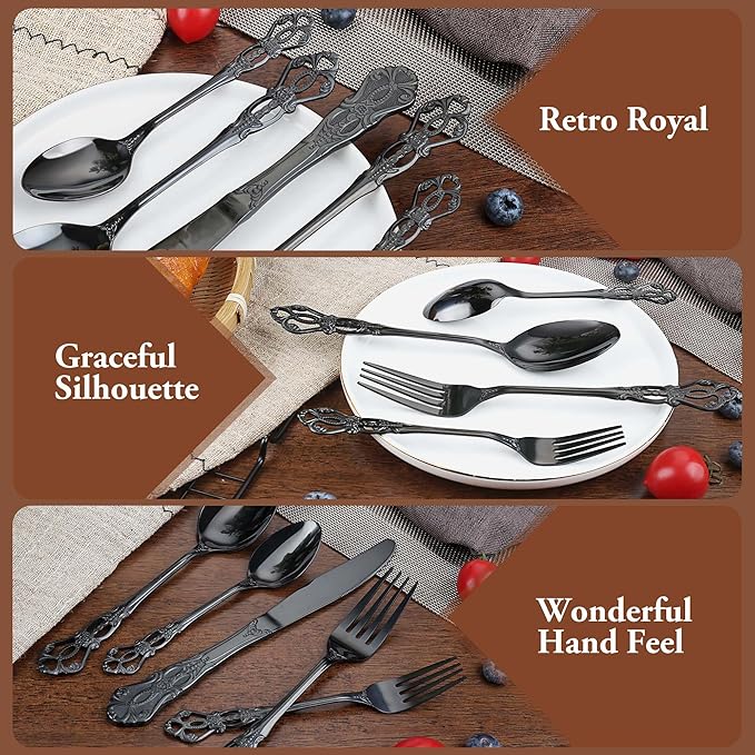 Silverware Set, 30 Pieces Retro Royal Silverware Set for 6, Anti-rust Stainless Steel Flatware Set Including Fork Spoon and Knife, Dishwasher Safe, Black