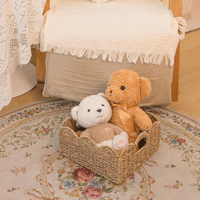 KOKODO Set of 2 Scalloped Wicker Baskets – Handwoven Sqaure Seagrass Storage Baskets with Handles for Organizing, Bathroom, Living Room & Shelf Décor – Decorative Rattan Organizing Bins