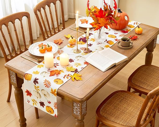 YATOJUZI Maple Leaf Pumpkin Table Runner - Fall Autumn Table Runners Home Kitchen Dining Table Decorations Decor for Thanksgiving Day Party - 13x72 Inch