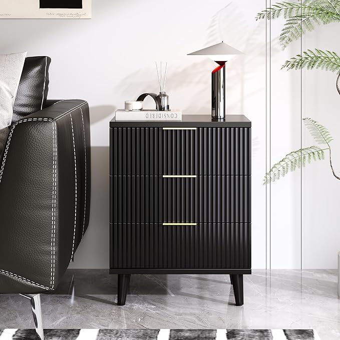 Fluted Black Nightstand with USB Charging Station, 3-Drawer Dresser Wood Modern Night Stand Bedside Table with Quiet Drawers & Large Storage End Table for Bedroom