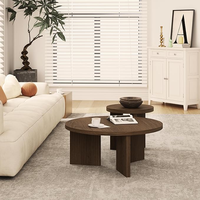 Nesting Coffee Table Set of 2, Modern Wooden Coffee Table with Smooth Thick Design, Circle Tea Table and End Table Set, Accent Center Tables for Living Room, Office, Brown