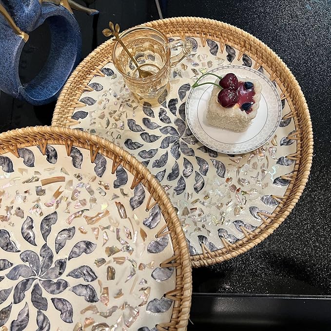 Rattan Serving Tray with Mother of Pearl, Round Coffee Table Tray Decor, Round Wicker Tray, Boho Decorative Tray, Woven Tray (Lucky Flower, 11.8 & 13.8 inch)