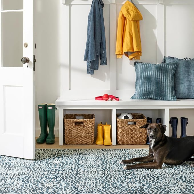 Dash & Albert Temple Ink Machine Washable Rug, 8.5 X 11.5 Feet, Blue Geometric Pattern