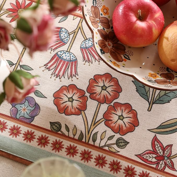 Decorative Linen Table Runner 87 Inches Long,Green Floral Rustic Farmhouse Runner for Table Decor Tabletop Table Runners for Kitchen,Dining,Party,Home,Christmas,12"*87"