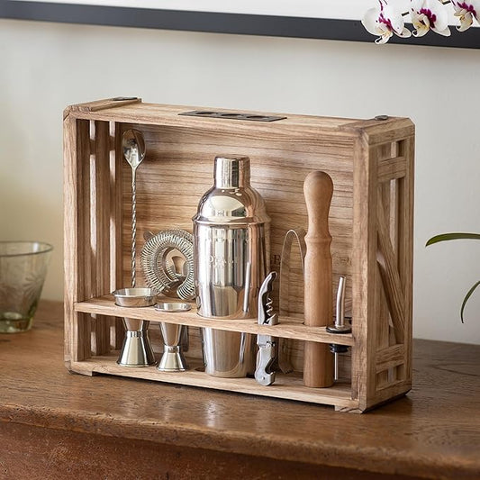 Cocktail Mixology Bartender Kit with Rustic Wood Stand - 11 Piece Bartender Bar Tool Set Cocktail Drink Mixer Shaker Set for Memorable Drink Mixing Bar Kit Experiences - Barware Set Bartending Kit