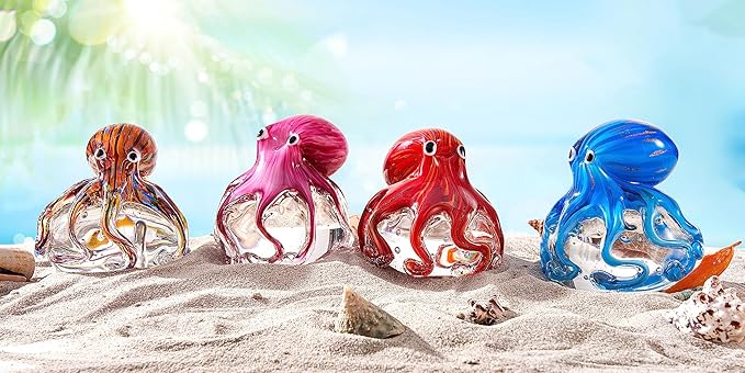 EUSTUMA Hand Blown Glass Octopus Figurine Ornament,Sea Animal Ornament for Fish Tank Aquarium,Sea Animals Collection for Birthday Gift,Glass Office Paperweight for Desk.
