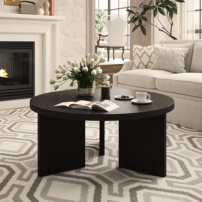 Wooden Round Coffee Table, 35" Coffee Table with Smooth Thick Mesa, Low Circle Center Table with X Shaped Stable Legs, Accent Tea Table for Living Room, Office, Black