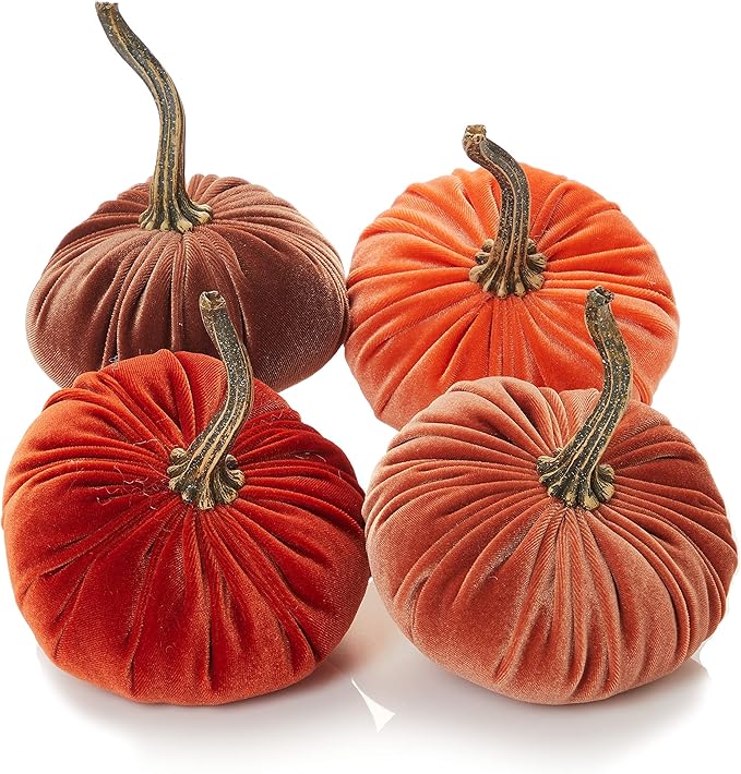 Your Heart's Content Small Velvet Pumpkins Set of 4, Luxury Velvet Fall Home Decor, Orange Pumpkin Accent, Halloween Centerpiece, Autumn Wedding Centerpiece (Sm Rust Harvest Bronze Tangerine)