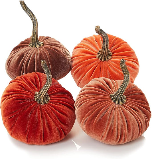 Your Heart's Content Small Velvet Pumpkins Set of 4, Luxury Velvet Fall Home Decor, Orange Pumpkin Accent, Halloween Centerpiece, Autumn Wedding Centerpiece (Sm Rust Harvest Bronze Tangerine)