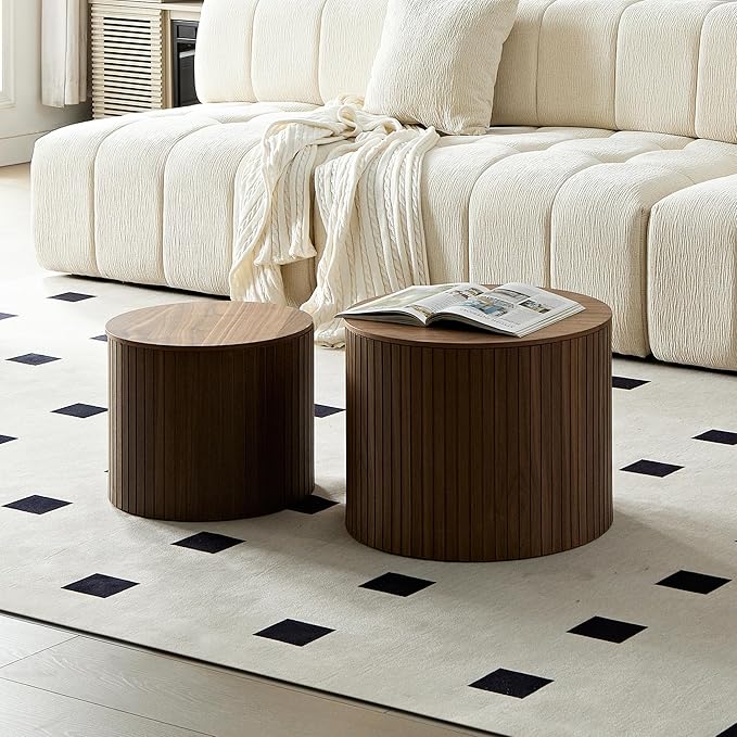 Round Storage Side Table Set of 2, Nesting Coffee Tables with Hidden Storage, Modern Wood Accent End Table for Living Room, Bedroom, Small Space, Minimalist Bedside Table, No Assembly(Walnut)