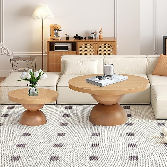 Solid Wood Round Nesting Coffee Table Set of 2, Circle Accent Tables with Unique Semi-Circular Legs, Mid Century Modern Side End Table Set for Small Space Living Room Office (Natural Oak)
