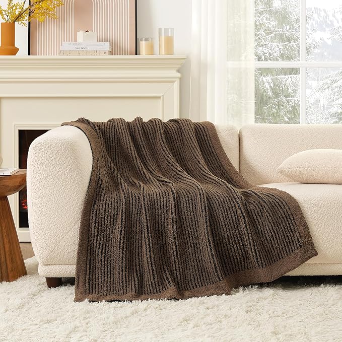 Snuggle Sac Ultra Soft Throw Blanket for Couch, Fuzzy Microfiber Knit Stripe Blankets for Couch, Sofa, Travel, Black Brown, 50x60 inches