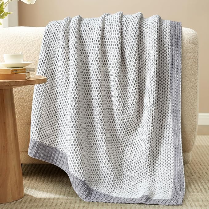Amélie Home Honeycomb Knit Throw Blanket for Couch, Dual-Sided Soft Chenille Decorative Blankets for Sofa & Chair, 50"x60", Gray & White